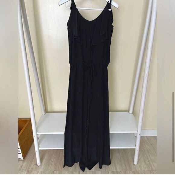 AKA New York Designer 100% Silk Solid Black Tank Wide Leg Jumpsuit Romper Xs - Picture 4 of 8
